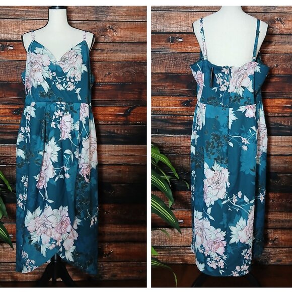 NWT City Chic Dress Plus Size 18 Jade Bloom Blossom Midi Faux Wrap Lined Teal - Picture 3 of 12